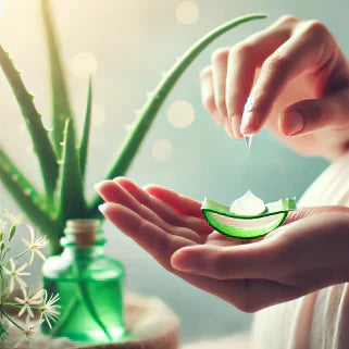 Main appliquant du gel d'aloe vera sur une feuille, plante en arrière-plan.