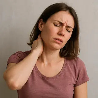 Mujer con dolor de cuello usando bálsamo natural para aliviar tensión muscular y malestar físico.