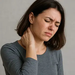 Donna con dolore al collo che cerca sollievo con un balsamo naturale antidolore efficace.