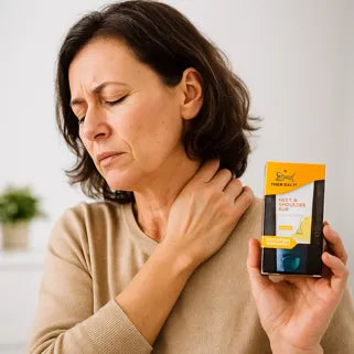 Femme souffrant de torticolis applique un baume sur sa nuque et épaules pour soulagement efficace.