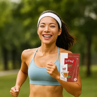 Femme sportive souriante courant en plein air tenant un sachet de thé minceur Fitné.