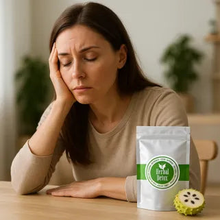 Femme fatiguée avec Corossol Herbal Detox et fruit de graviola sur une table en bois.