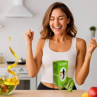 Femme heureuse levant les bras, boîte minceur verte et ruban à mesurer près d’une salade.
