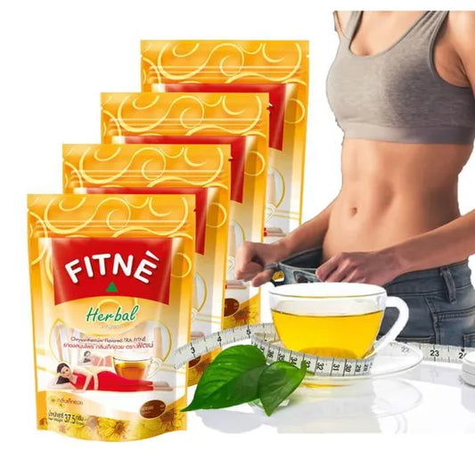 Sachets de thé Fitné, tasse de thé et femme mesurant sa taille.