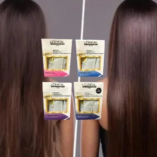 Avant-après cheveux lisses grâce à L'Oréal Pro X-Tenso, pour un look naturel et soigné.