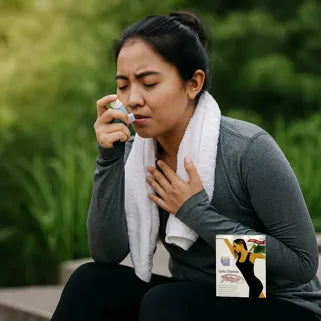 Femme utilisant un inhalateur après exercice, assise dehors, portant une serviette blanche et des vêtements gris.