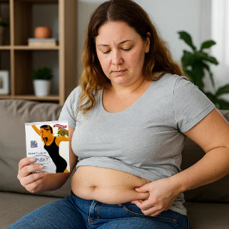 Femme à l'air soucieux se pince le ventre en tenant une boîte de produit minceur.