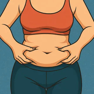 Femme pince légèrement son ventre pour illustrer la perte de graisse et la détox naturelle.