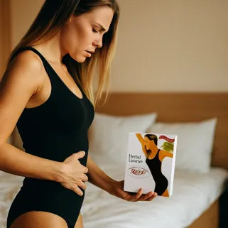 Femme tenant un produit detox, semblant souffrir de douleurs abdominales, debout près du lit.