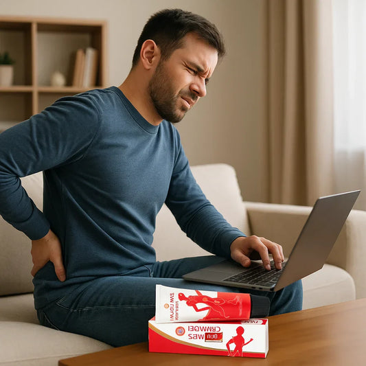 Un homme utilise la crème Siang Pure pour soulager ses douleurs au dos tout en travaillant.
