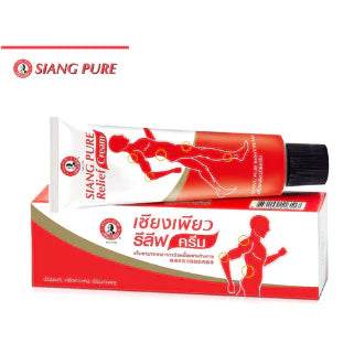 Tube et boîte de crème anti-douleur avec une affiche Siang Pure Crème Muscles en écriture Thai