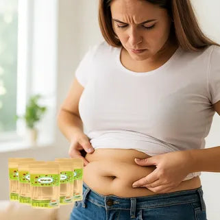 Donna che guarda il suo ventre con elisir thailandese naturale per perdere peso rapidamente.