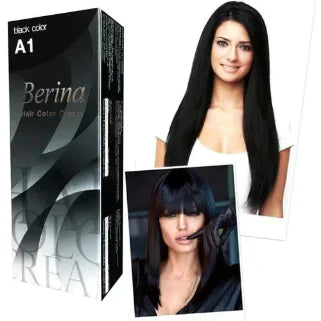 Coloration capillaire noire Berina avec photos de femmes aux cheveux longs et brillants.