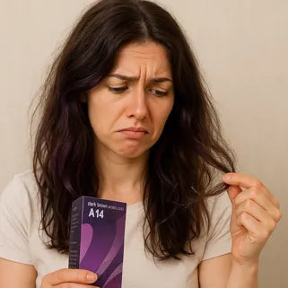 Mujer decepcionada sosteniendo una caja de tinte, observando su cabello parcialmente teñido de violeta.