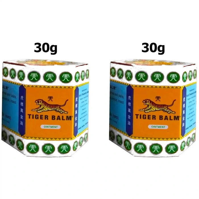 2 boites hexagonales depots de 30g de baume du tigre blanc avec le poids inscrit au dessus de chaque pot, utilisé pour soulager les douleurs musculaires et articulaires