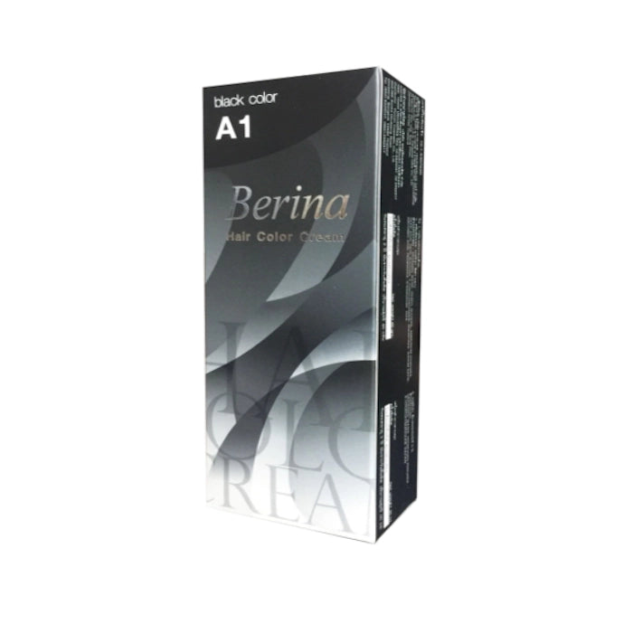 Boîte de teinture capillaire Berina A1 "black color" sur fond blanc.