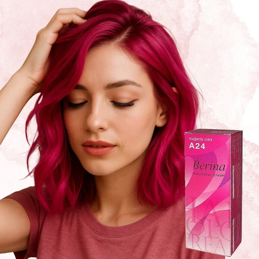 Femme avec magenta teinture pour cheveaux berina a24
