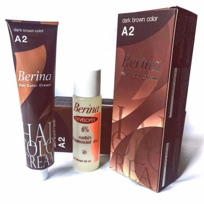 Tube Berina Hair Color Cream A2 mörkbrun med en flaska med 6% framkallare, 50 ml.