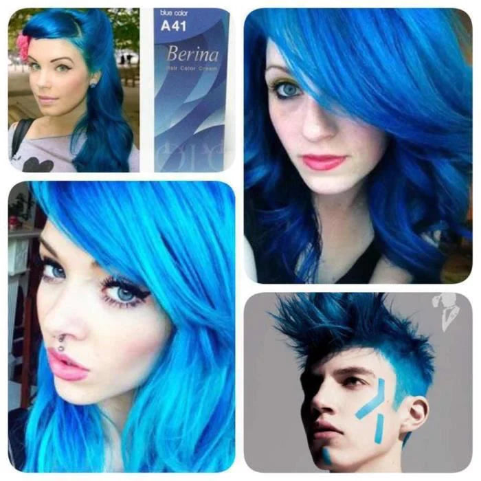 Cabello teñido con Berina Hair Color Cream en color azul A41, mostrando varios estilos y tonos de azul.