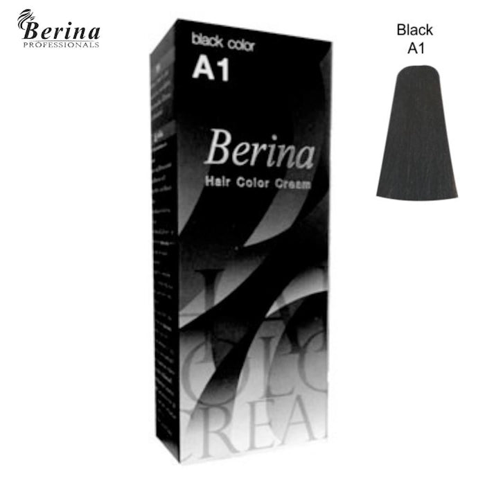 Boîte de teinture capillaire Berina A1 "black color" et une mèche de cheveux noirs.