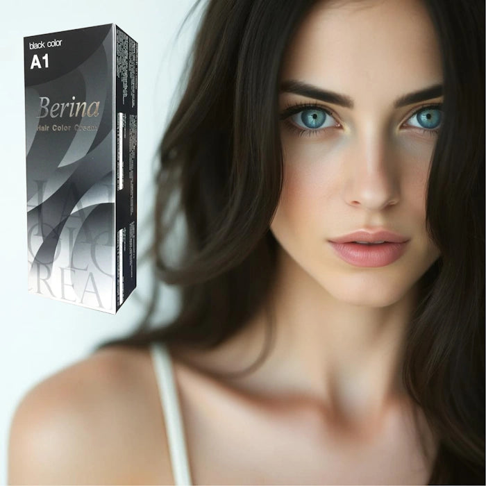 Mujer joven de cabello largo y negro y ojos azules, posando junto a una caja de tinte para el cabello Berina A1.