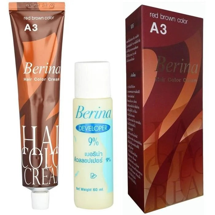 Berina A3 hårfärgskräm, rödbrun färg, med 60 ml Berina 9% framkallare och produktförpackningen.