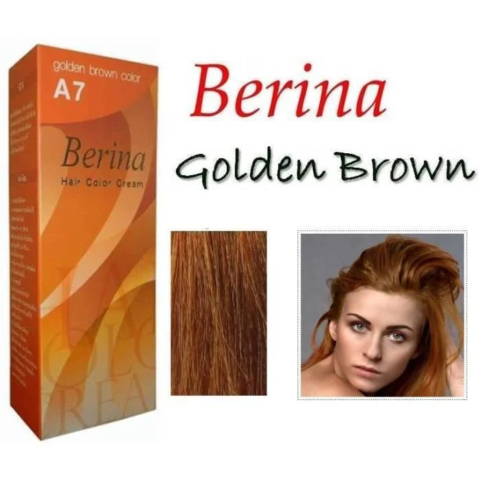 Berina A7 Golden Brown Hair Color Box, med två foton av guldbrunt hår.