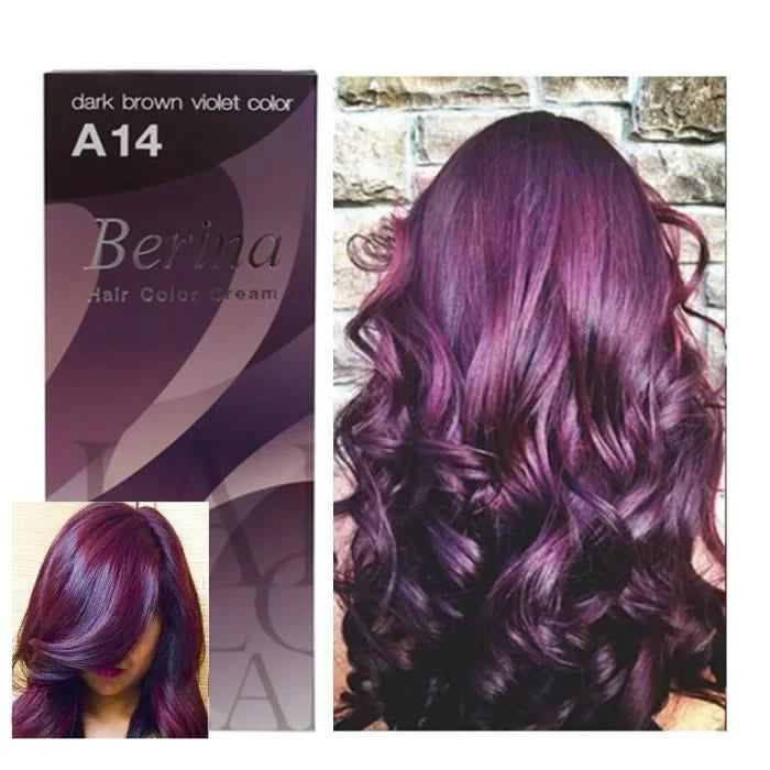 Bilden visar en låda med Berina Hair Color Cream färg A14 mörkbrun lila, bredvid ett foto av långt vågigt hår färgat lila