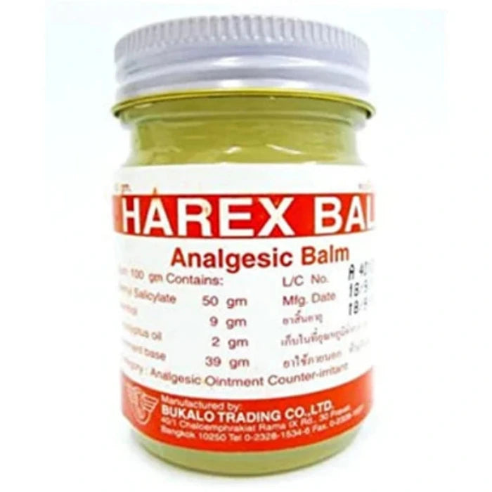 Burk med "Harex" balsam med vitt lock. Röd och vit etikett med engelsk text. Används för muskelavlastning. 60g, smärtstillande och terapeutisk