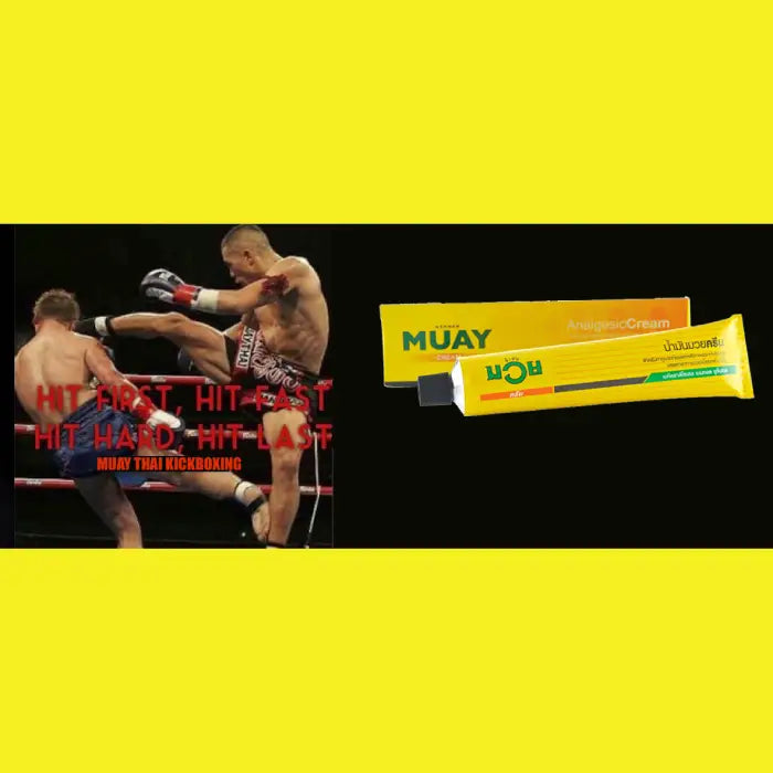 2 boxeurs de may thai et un tube de Crème Analgésique Namman Muay 100g - Spéciale boxe, MMA