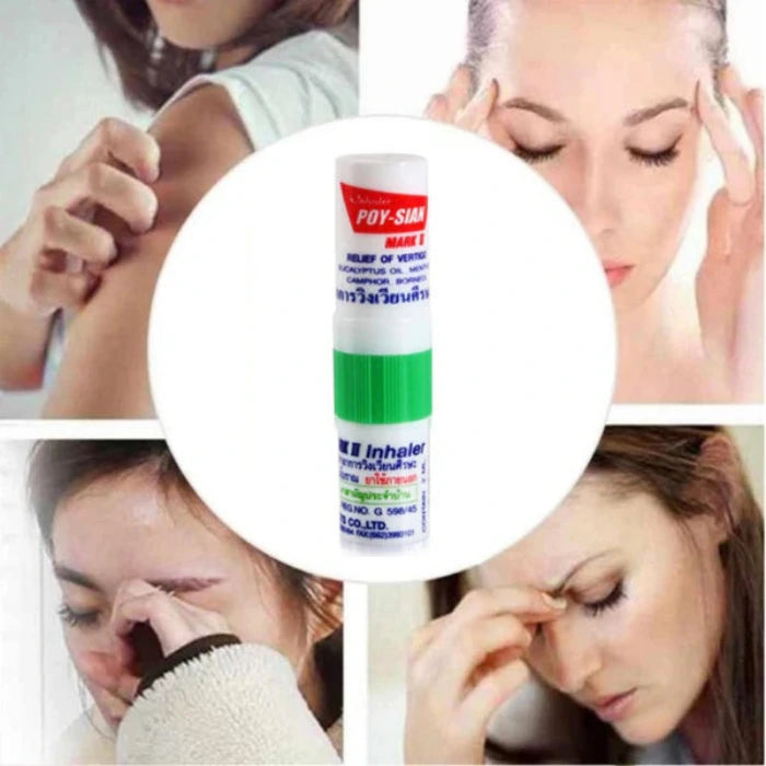 Publicité pour l'inhalateur "POY-SIAN Mark II". Texte: "POY-SIAN Mark II," "Soulagement du vertige," "Huile d'eucalyptus". Images de personnes utilisant le produit.