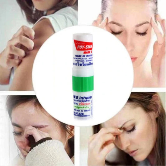 Publicité pour l'inhalateur "POY-SIAN Mark II". Texte: "POY-SIAN Mark II," "Soulagement du vertige," "Huile d'eucalyptus". Images de personnes utilisant le produit.