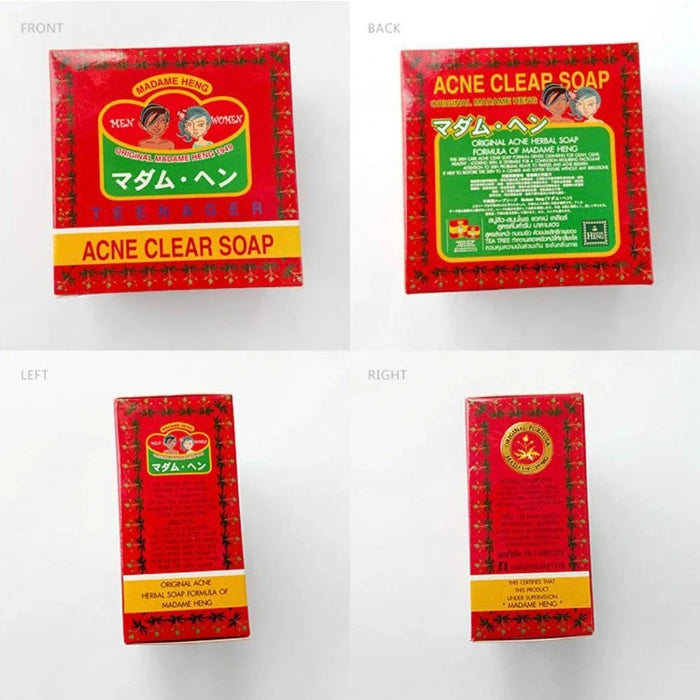 Madame Heng Acne Clear Soap box sett från fyra vinklar.