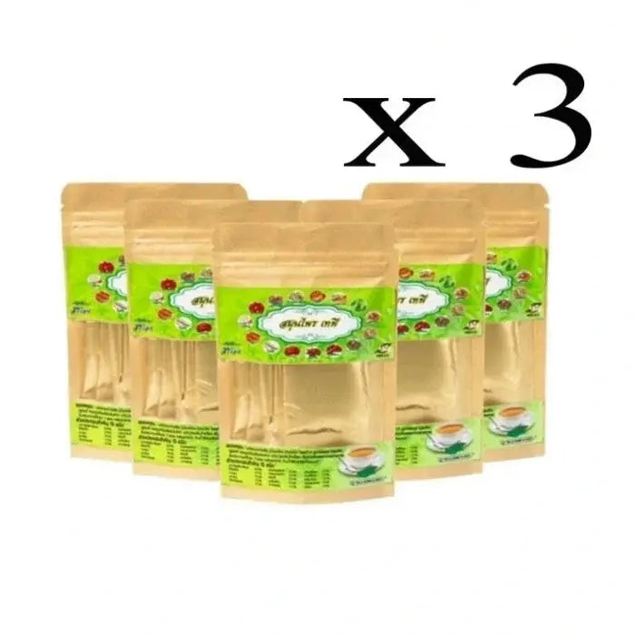 3 Lots de Paquets de thé brun avec étiquettes vertes en écriture thaïlandaise, images de feuilles de thé et tasse. Mention "Natural Goods" en anglais.25 Sachets Tapee Tea Thai Herbal Tea - pour douleurs musculaires, la goutte