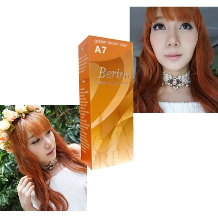 Berina A7 Golden Brown Hair Color Box och två bilder på långt, vågigt, gyllenbrunt hår.