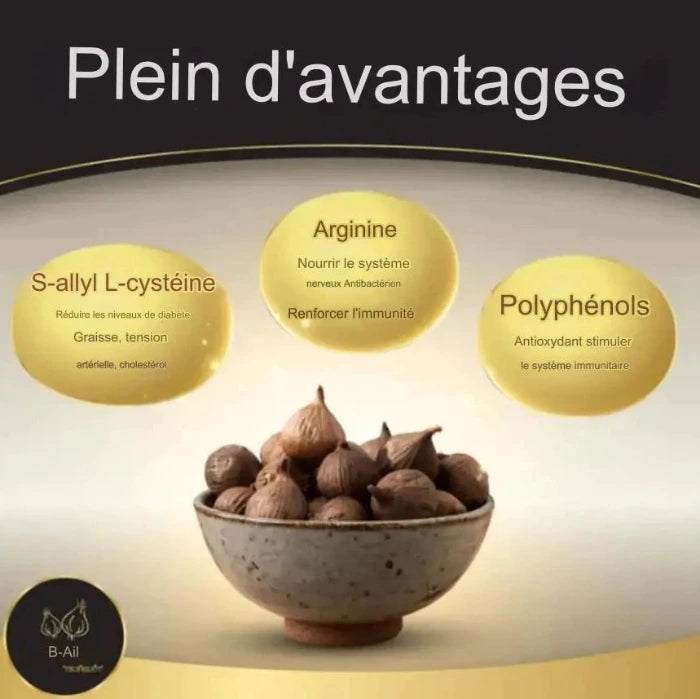 Gousses d'ail noir dans un bol avec les bienfaits pour la santé soulignés : S-allyl L-cystéine, Arginine, Polyphénols.