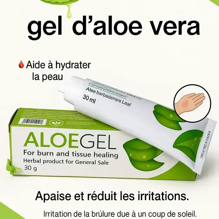 Publicité pour un gel d’aloe vera mettant en avant ses bienfaits hydratants et apaisants. Contient de l’Aloe barbadensis Leaf. Conditionné en tube de 30g. Aide à cicatriser les brûlures, tissus et irritations dues au soleil. Produit à base de plantes en vente libre.