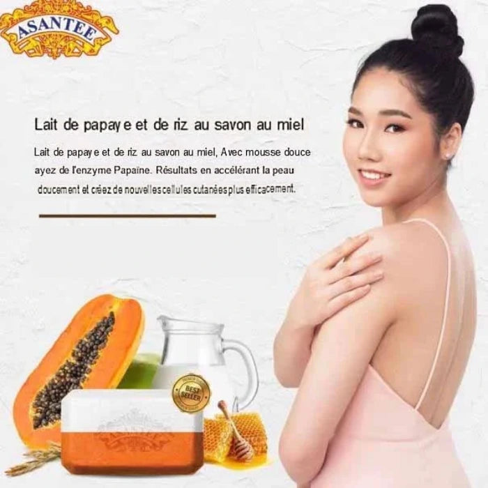 Boîte de lait de papaye et de riz au savon au miel avec mousse douce à l'enzyme Papaïne, résultats pour une peau douce et renouvelée.