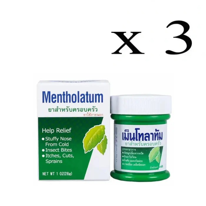 Baume décongestionnant et analgésique Mentholatum 35% Menthol, avec des images de symptômes du rhume, de douleurs dorsales et de stress.Lot de 3