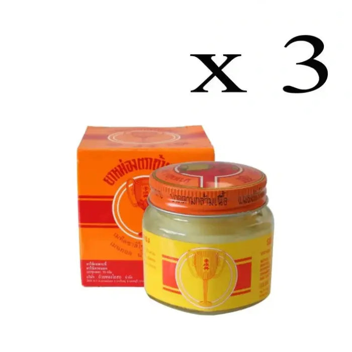 3 Pots et boîte de baume White Monkey Holding Peach avec étiquette représentant un singe tenant une pêche. Texte en thaï et en anglais. Utilisé pour soulager les douleurs musculaires.