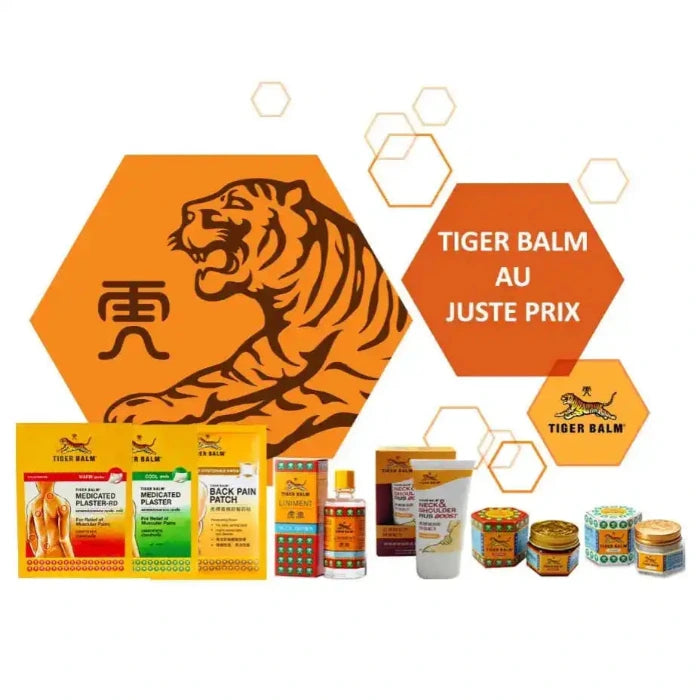 Pubblicità del Balsamo di Tigre che mostra cerotti, linimenti e unguenti per collo e spalle. Testo: "Balsamo di Tigre al giusto prezzo".