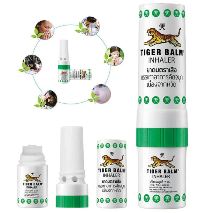 Tiger Balm Pocket Nasal Inhalator Stick, de 3 delarna av stickan visas samt 6 små miniatyrer som motsvarar användningen: förkylning, bihåleinflammation, huvudvärk, prickar