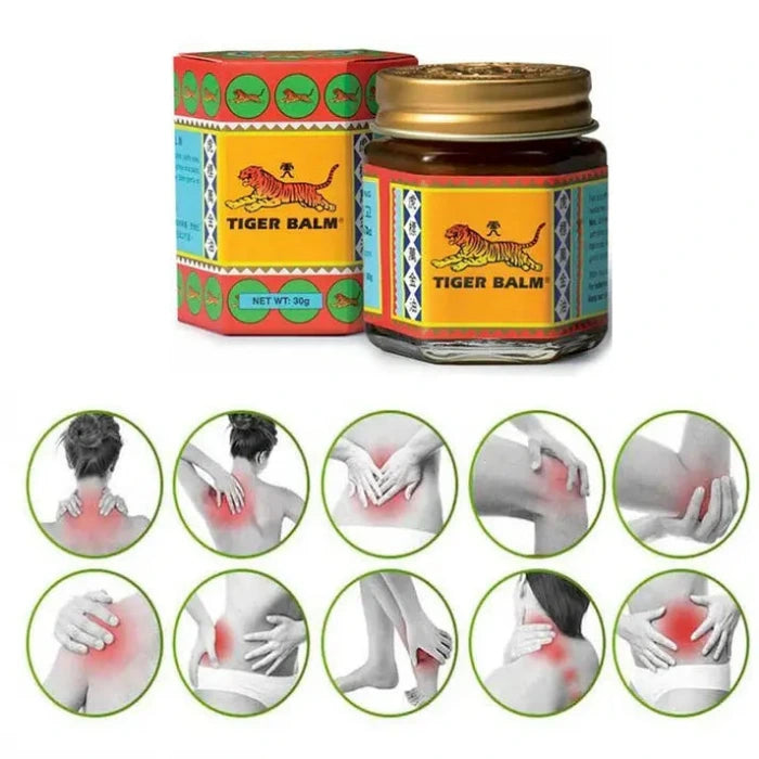 Barattolo e scatola di Balsamo di Tigre con coperchio dorato e illustrazione di una tigre. Nove immagini circolari mostrano le zone del corpo su cui applicare il balsamo per alleviare il dolore: collo, spalle, schiena, braccia, gambe e piedi, con le zone doloranti evidenziate in rosso.