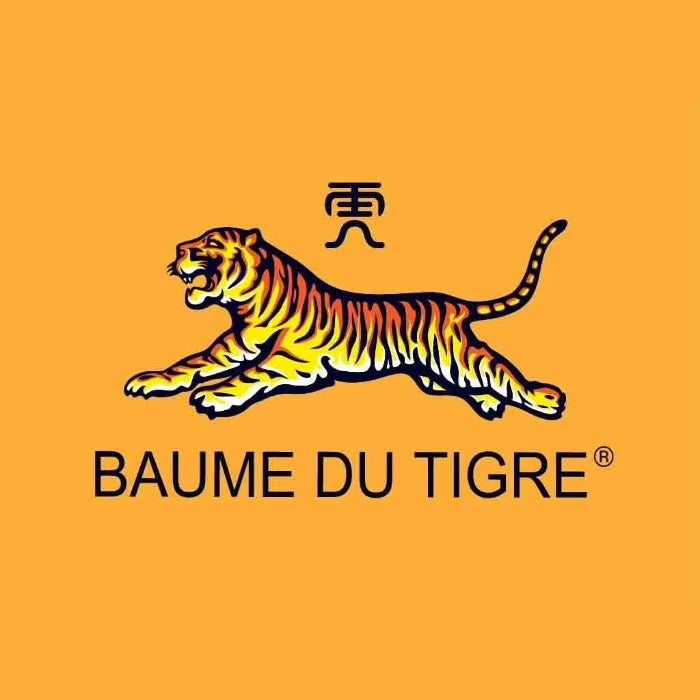 Logo con una tigre che salta e la scritta TIGER BALM in basso. Carattere cinese sopra la tigre, sfondo arancione.