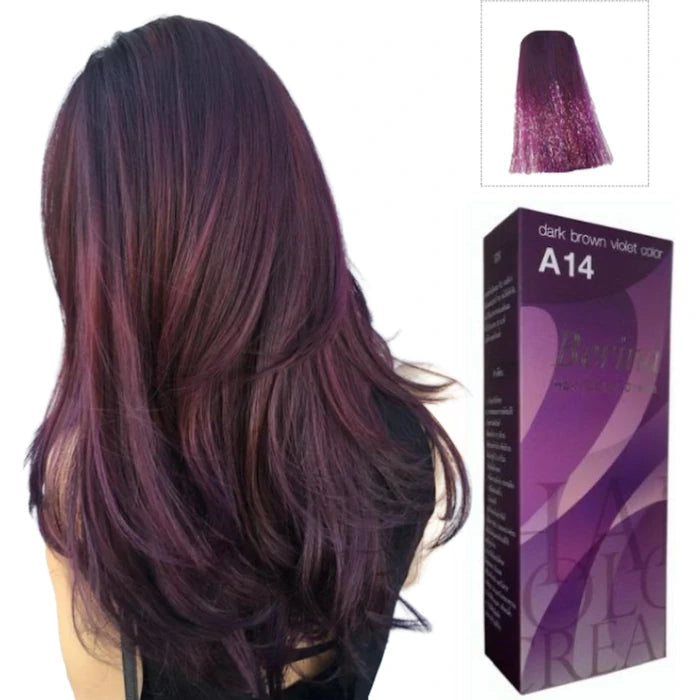 Cheveux longs brun foncé violacé avec une boîte de teinture Berina A14 et une mèche de cheveux.