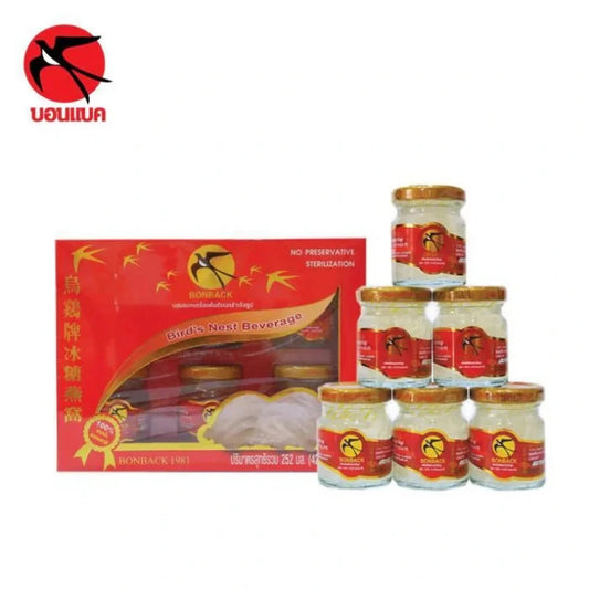 Boisson de nid d'oiseau Bonback dans une boîte rouge avec six pots, ingrédients naturels à 100%, sans conservateurs.