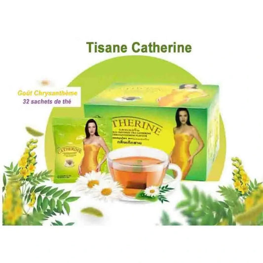 boite de Tisane Catherine x32 sachets, Séné et Chrysanthème pour une cure minceur et un ventre plat et une tasse remplie de tisane