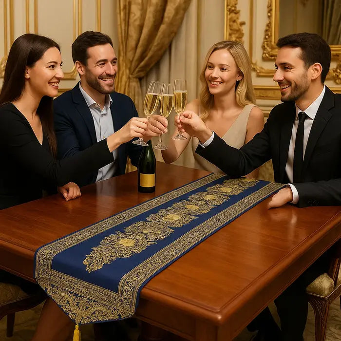 Groupe élégant trinquant autour d'une table décorée avec un chemin de table bleu à motif décoré.