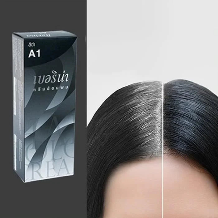 Boîte de teinture pour cheveux Berina couleur noire A1 avec une image avant/après montrant la couverture des cheveux gris.