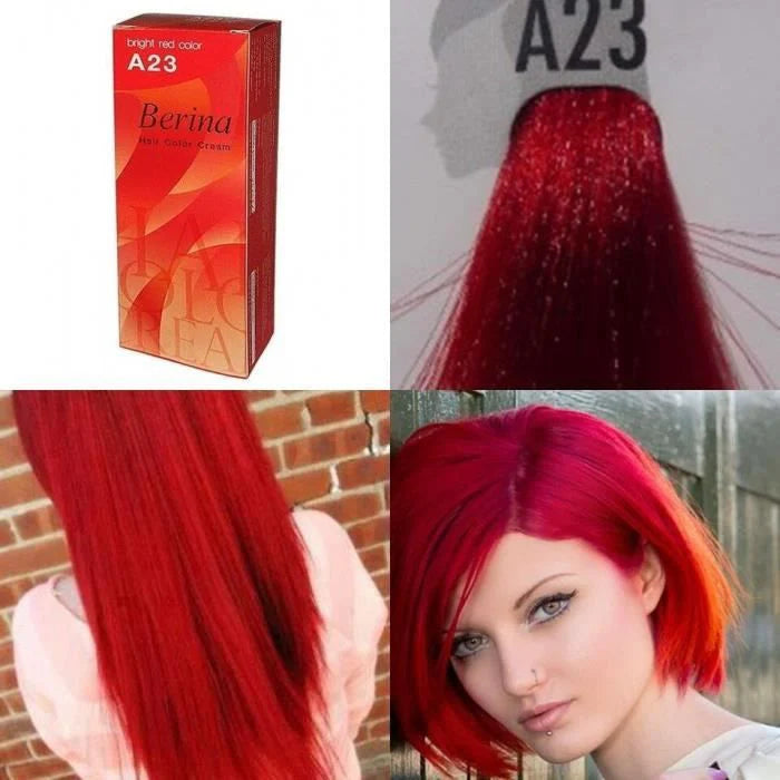 Berina A23 Bright Red Hair Dye Box och exempel på färgat hår.